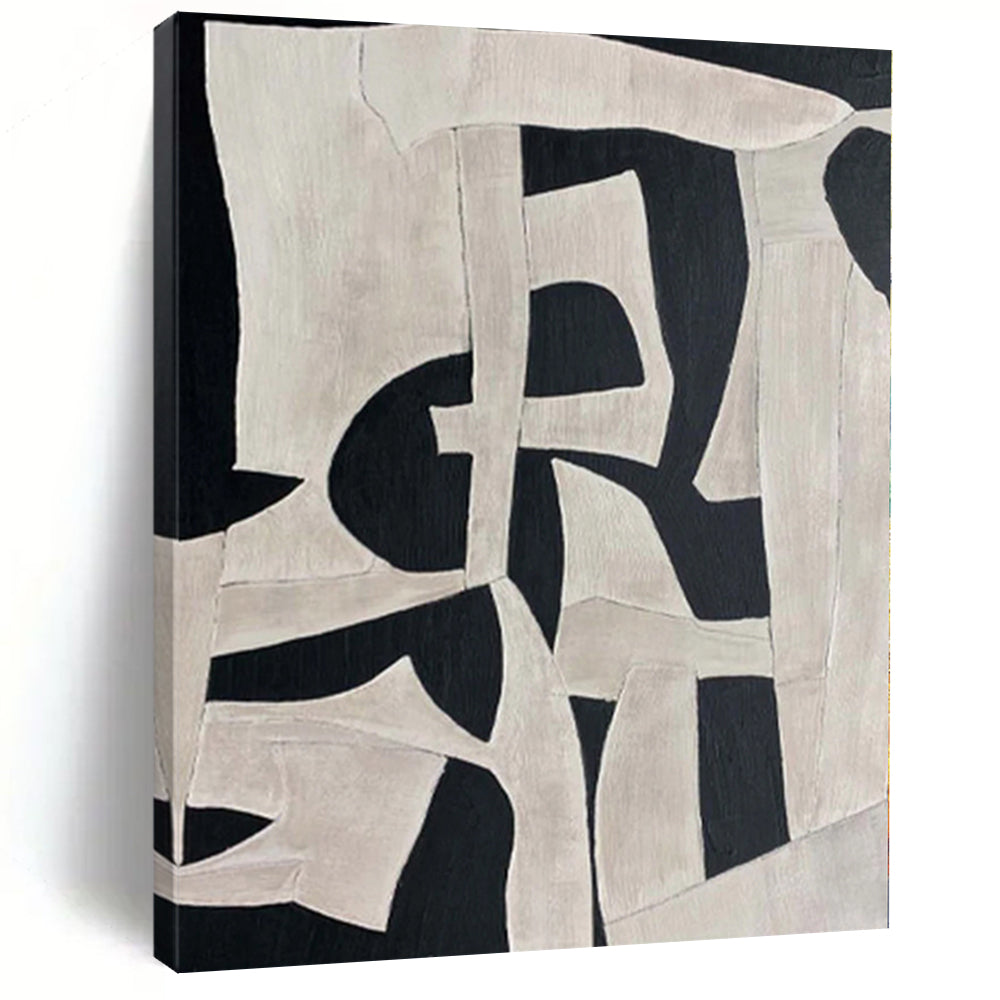Hand - painted Extensive Black - White Geometric Abstract Acrylic Art for Minimalist Galleries LargeART0132