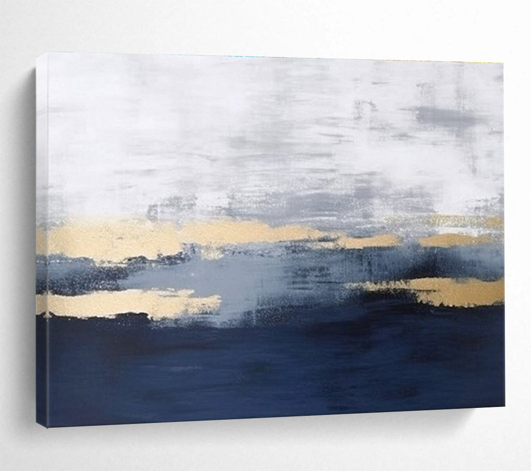 Abstract Blue and Gold Painting on Canvas - “Sunset Reflections” DKH786