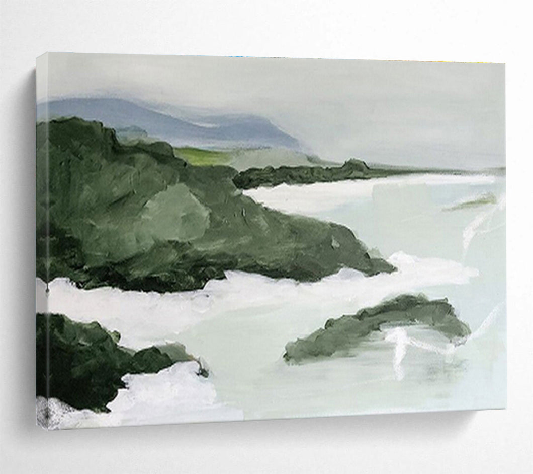 Green Coastal Landscape Abstract Painting on Canvas - “Seaside Calm” DKH603