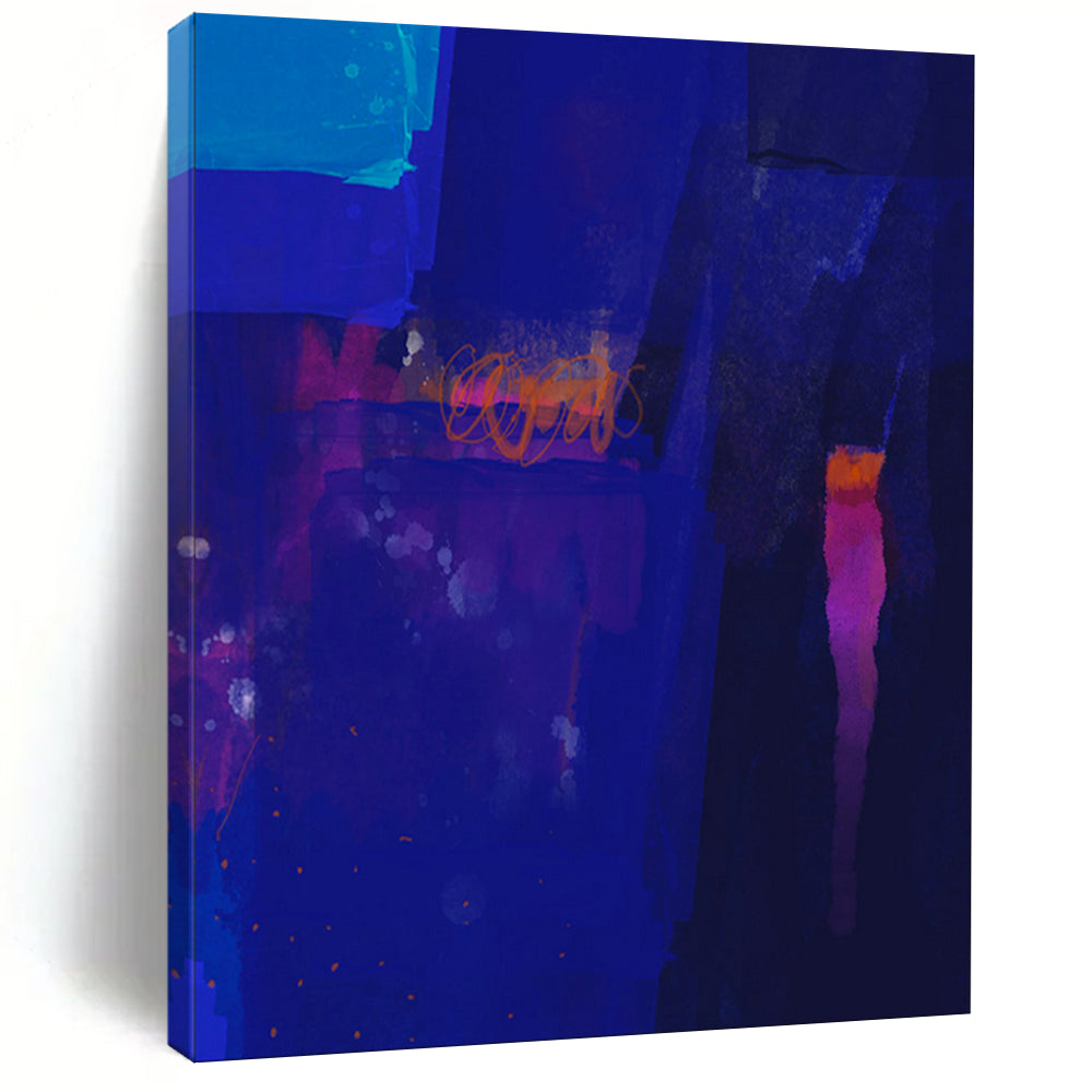 Deep Blue Abstract Painting with Orange Highlights, Perfect for Modern Living Room & Night - Themed Bar LargeART1820