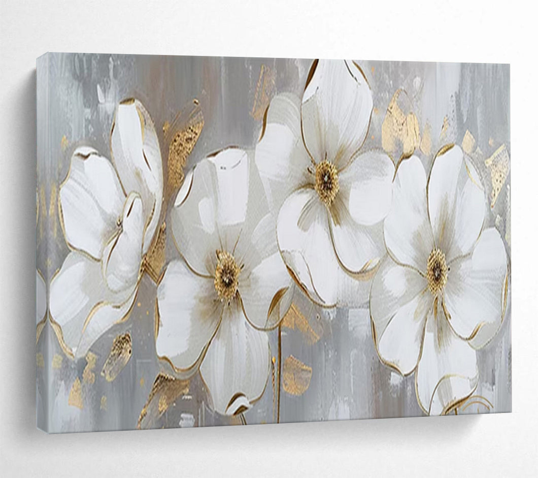 Hand - painted White Flower Gold - Accent Acrylic Art for Elegant Dining Room Decor LargeART1653
