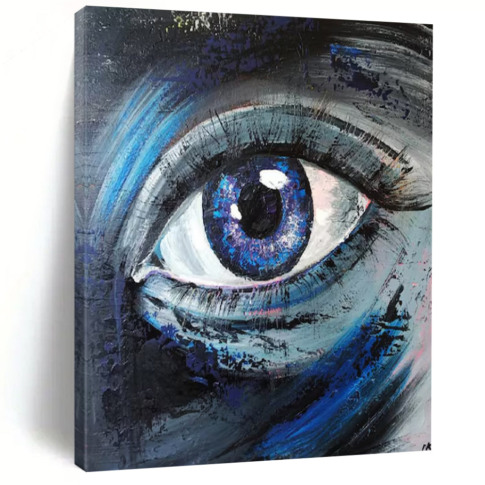 Expressive Abstract Eye Painting, Deep Blue Textured Art for Psychologist’s Office & Introspective Nook LargeART2187