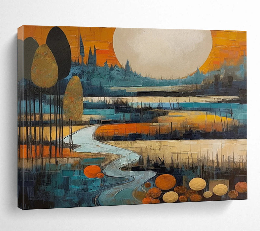 Stylized Landscape with Big Moon Abstract acrylic painting DLZ086