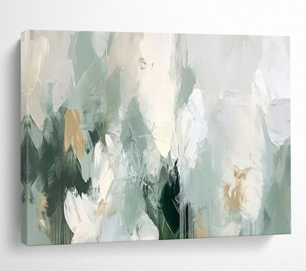 Hand - painted Soft Green - and - White Abstract Acrylic Art for Serene Yoga Studio Backdrops LargeART1693