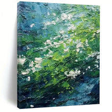 Load image into Gallery viewer, “Lush Green Impasto” - Blue, Green, and White Nature Art on Canvas DKH1404
