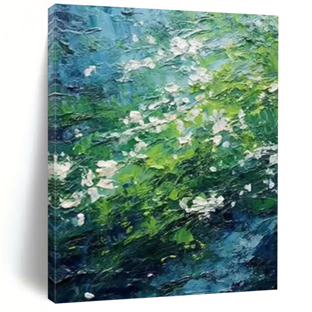 “Lush Green Impasto” - Blue, Green, and White Nature Art on Canvas DKH1404
