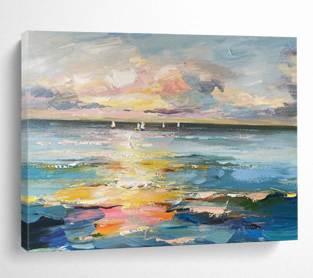 Impressionist Sunset Sea with Sailboats Abstract Art for Nautical Home & Relaxing Patio DKH115