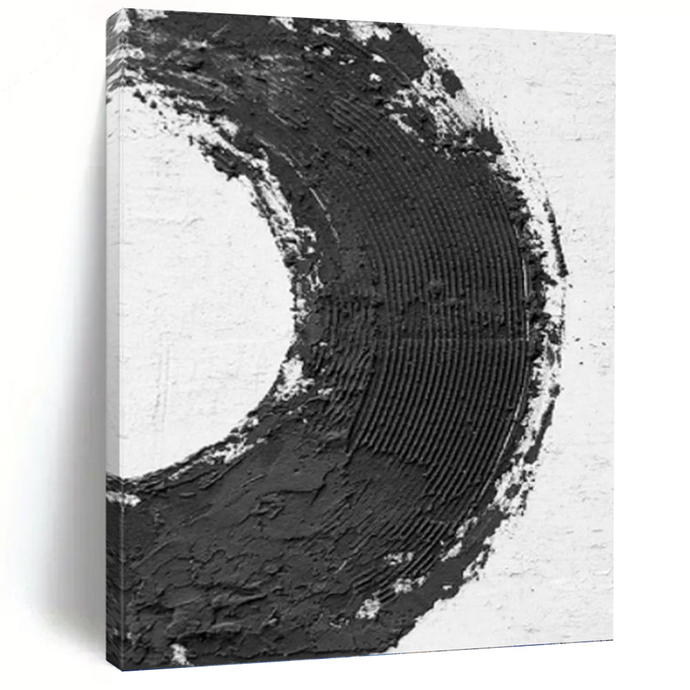 “Black and White Textured Circle” - Minimalist Symbolic Art on Canvas DKH1675