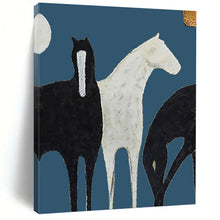 Load image into Gallery viewer, “Stylized Black &amp; White Horses” - Minimalist Equine Art on Canvas DKH1440
