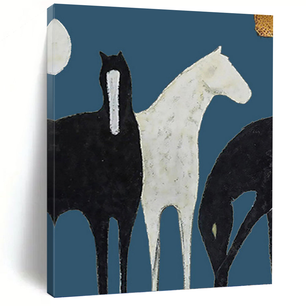 “Stylized Black & White Horses” - Minimalist Equine Art on Canvas DKH1440