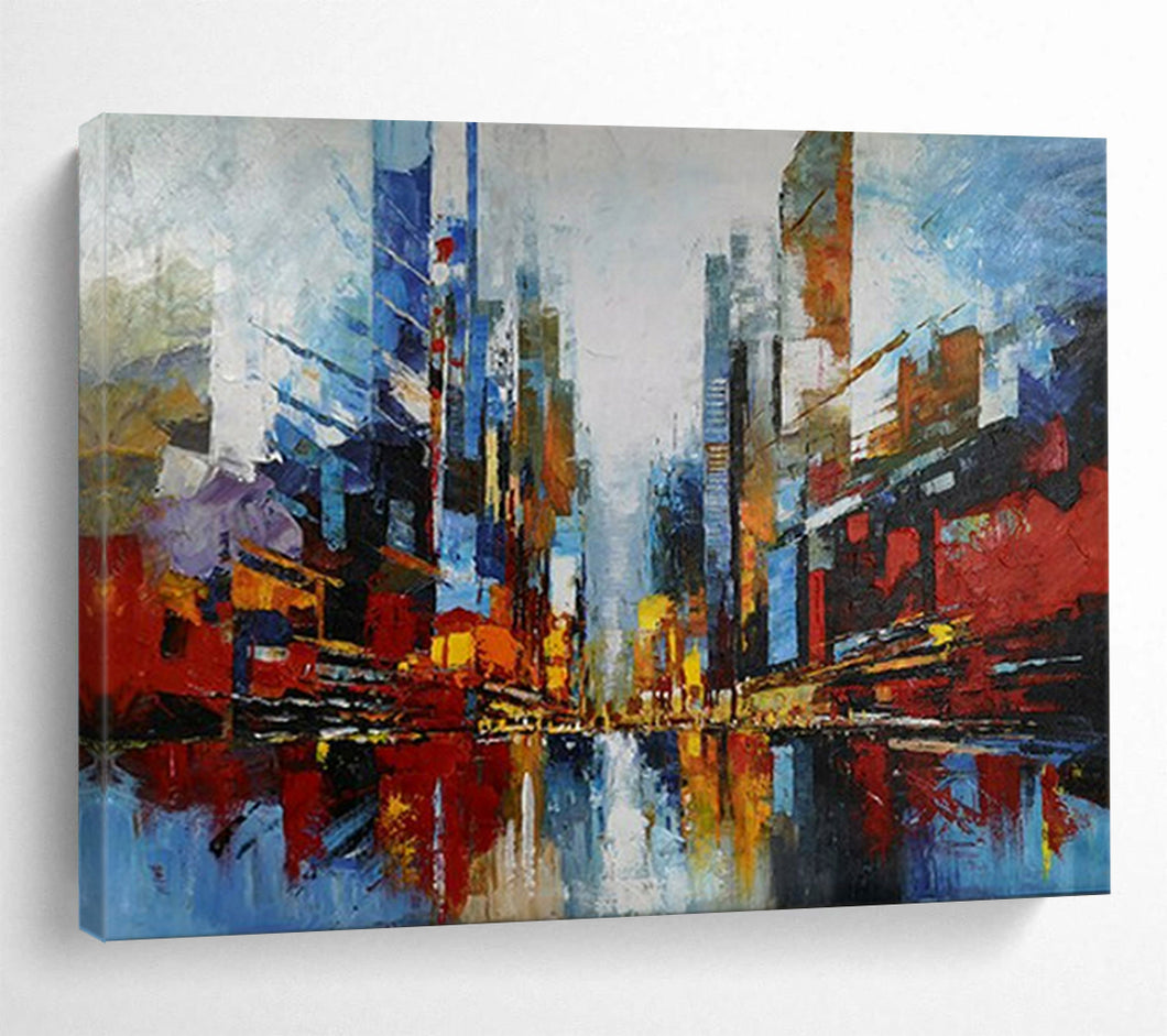 Hand - painted Colorful Cityscape Acrylic Art for Vibrant Urban Living Room Decor LargeART1673