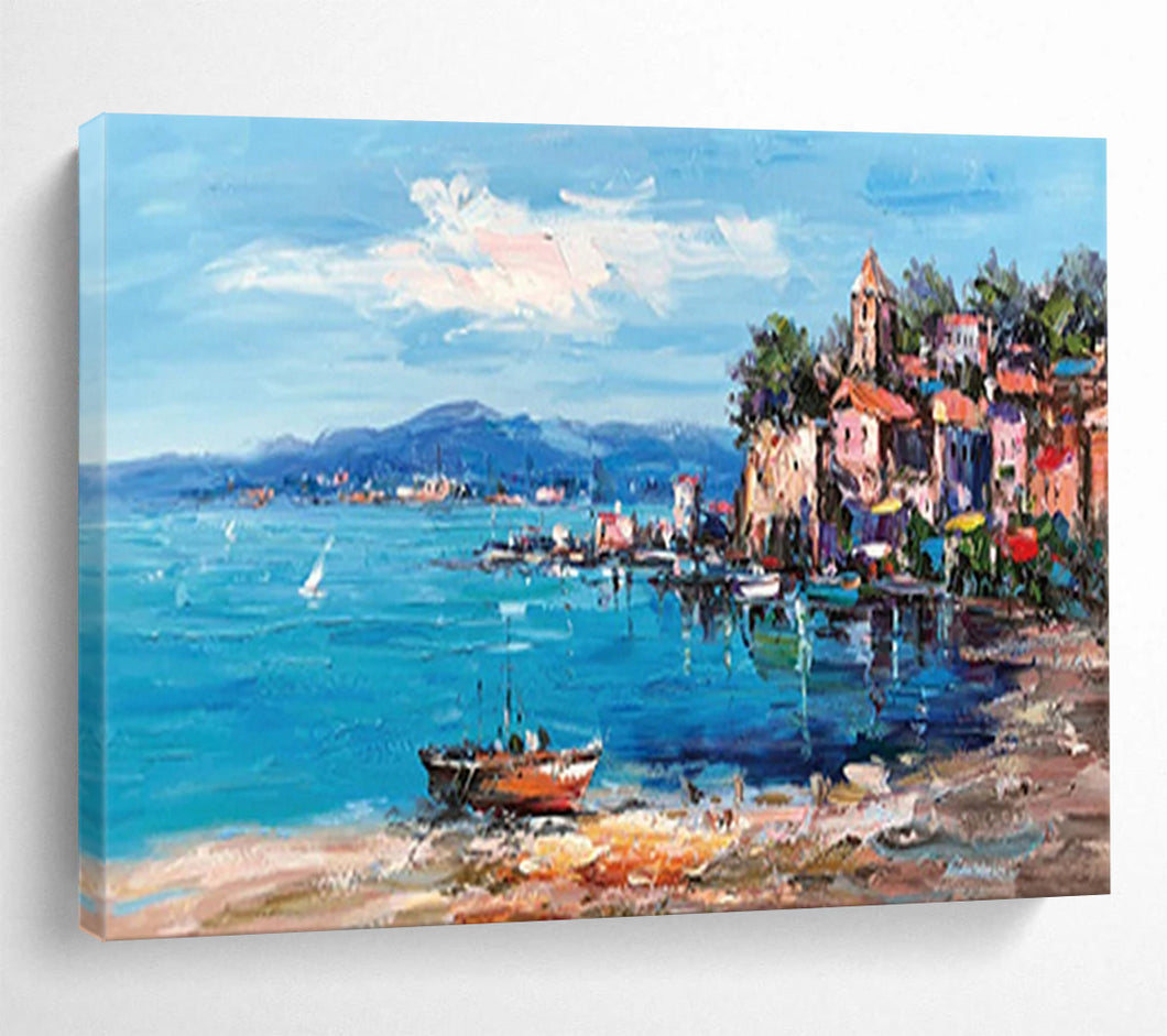 “Coastal Village Charm” - Vibrant Seaside Town Abstract Acrylic, Suits Porch and Nautical Gallery DLZ230