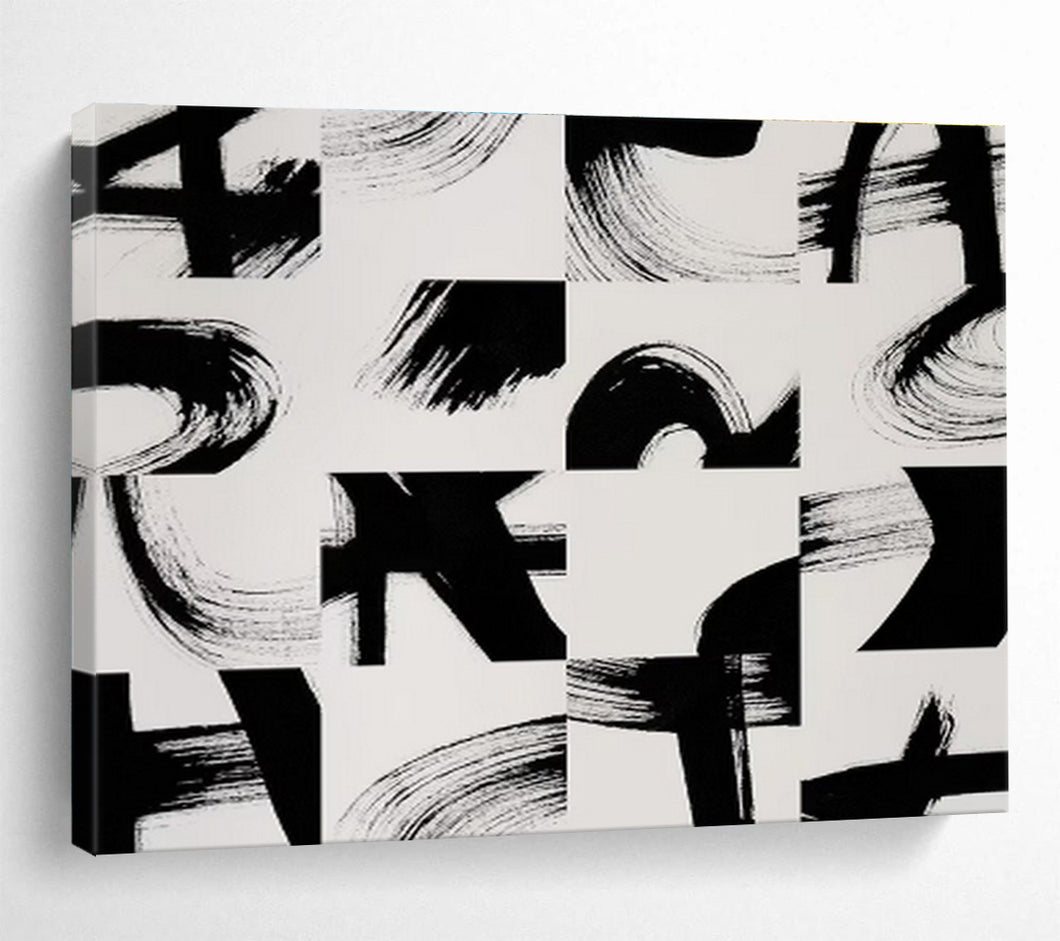 Black And White Abstract Brushstroke Painting On Canvas DKH447