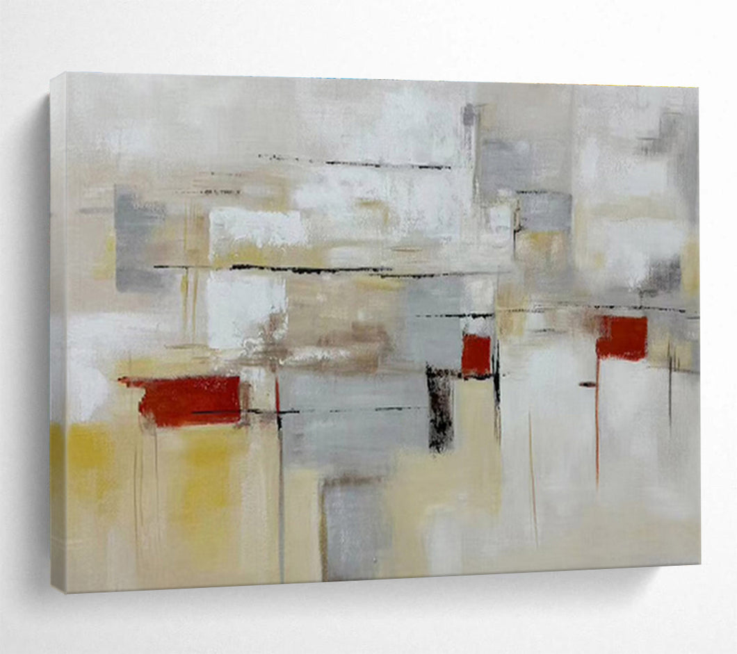 Abstract Geometric Painting on Canvas - “Neutral Tones and Red Accents” DKH750