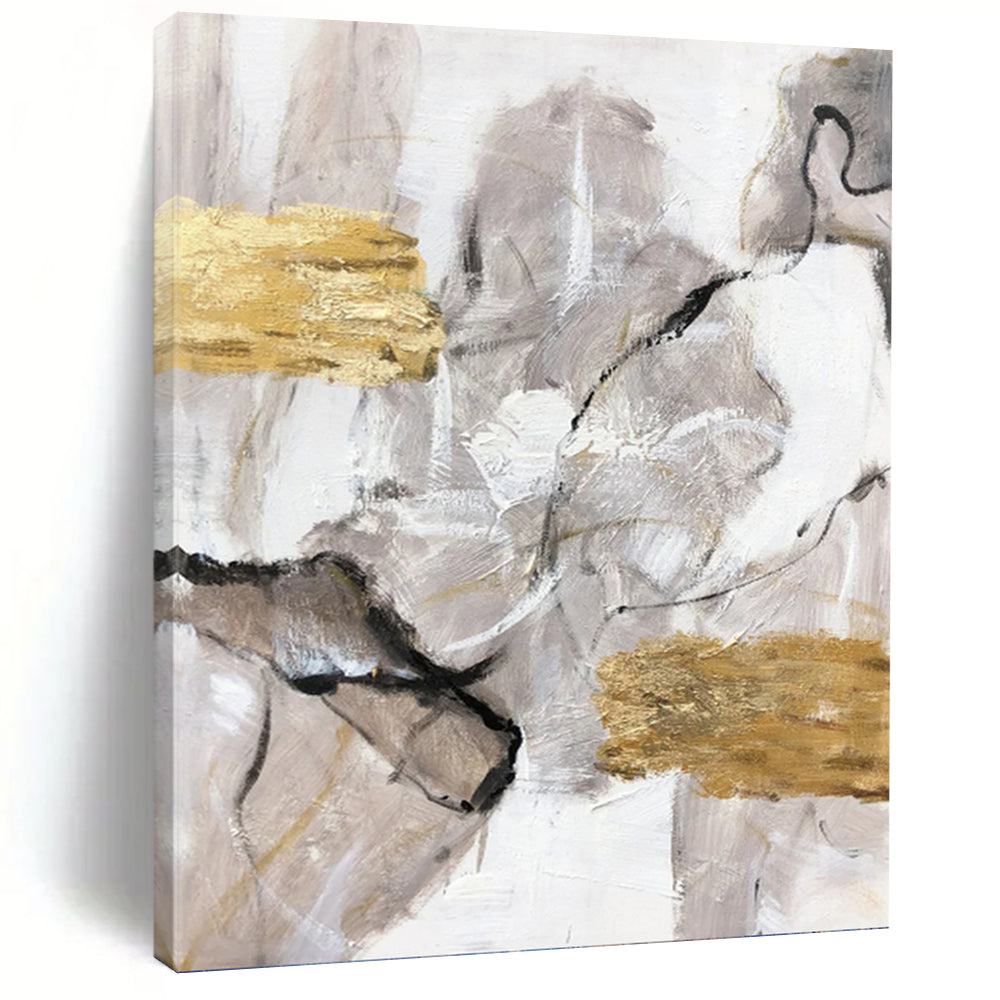 “Neutral Abstract with Gold Accents” - Grey, White, Gold Abstract Art on Canvas DKH1267