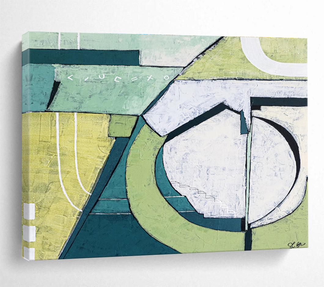 Green - Toned Geometric Abstract Painting on Canvas DKH543