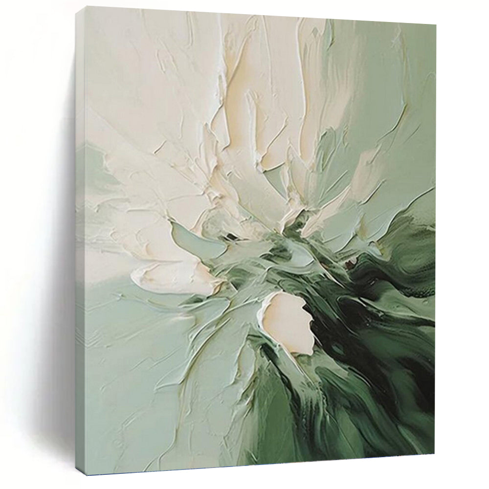 “Textured Green and White Flower” - Green, White Abstract Floral Art on Canvas DKH1185