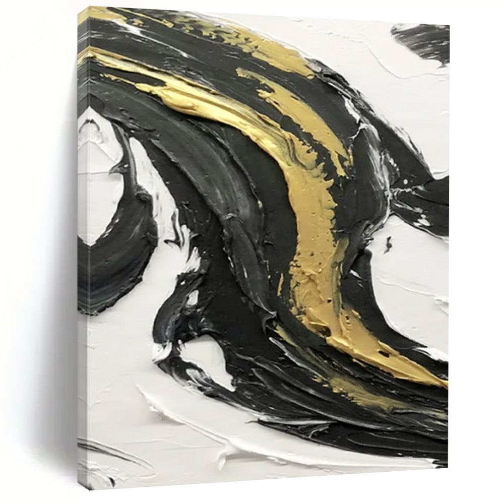 “Gold - Kissed Swirls” – Black, white, and gold impasto, flowing curves DTP379