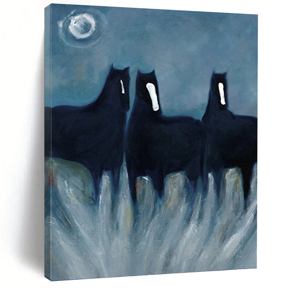 “Mystic Black Horses in Moonlight” - Symbolic Equine Art on Canvas DKH1444