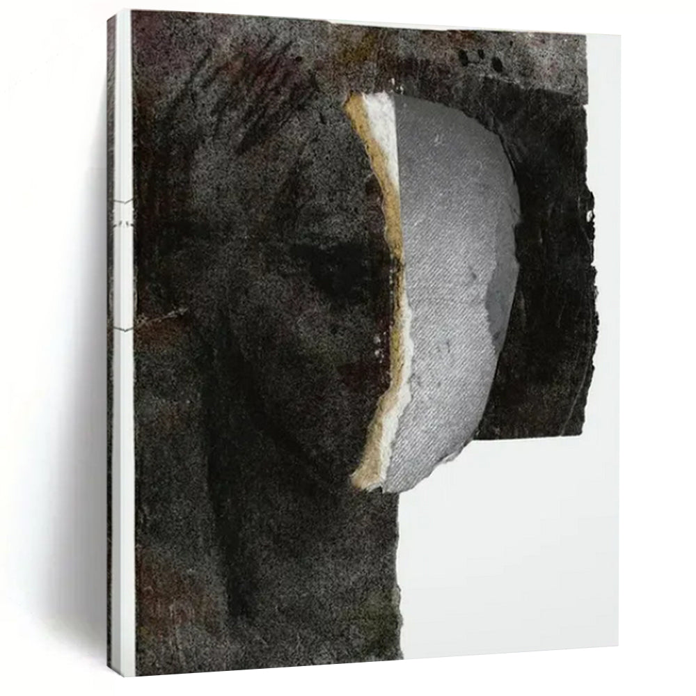 Mixed - Media Abstract Head Art, Earth - Toned Textured Collage for Bohemian Study & Eclectic Gallery Wall LargeART2223