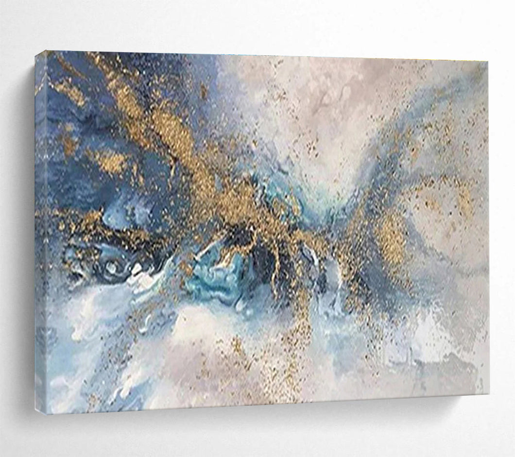 Abstract Gold “Blue - Gold Swirl” Painting on Canvas, Luxurious Modern Art DKH880