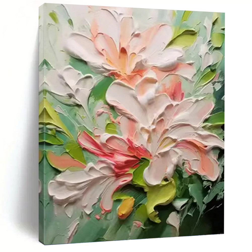 “Impasto Peach Blossoms” - Pink, Green, and White Floral Art on Canvas DKH1396