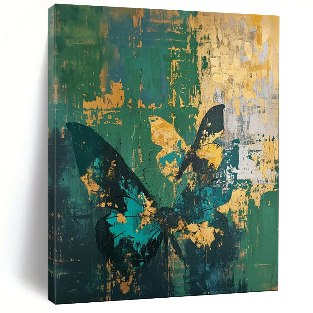 Green & Gold Butterfly Abstract Painting, Ideal for Bohemian Living Room & Nature - Inspired Bedroom LargeART1883