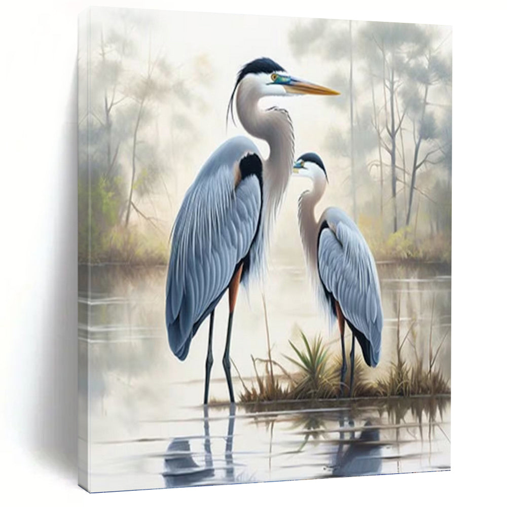 “Serene Heron Pair” - Blue and Green Wildlife Art on Canvas DKH1400
