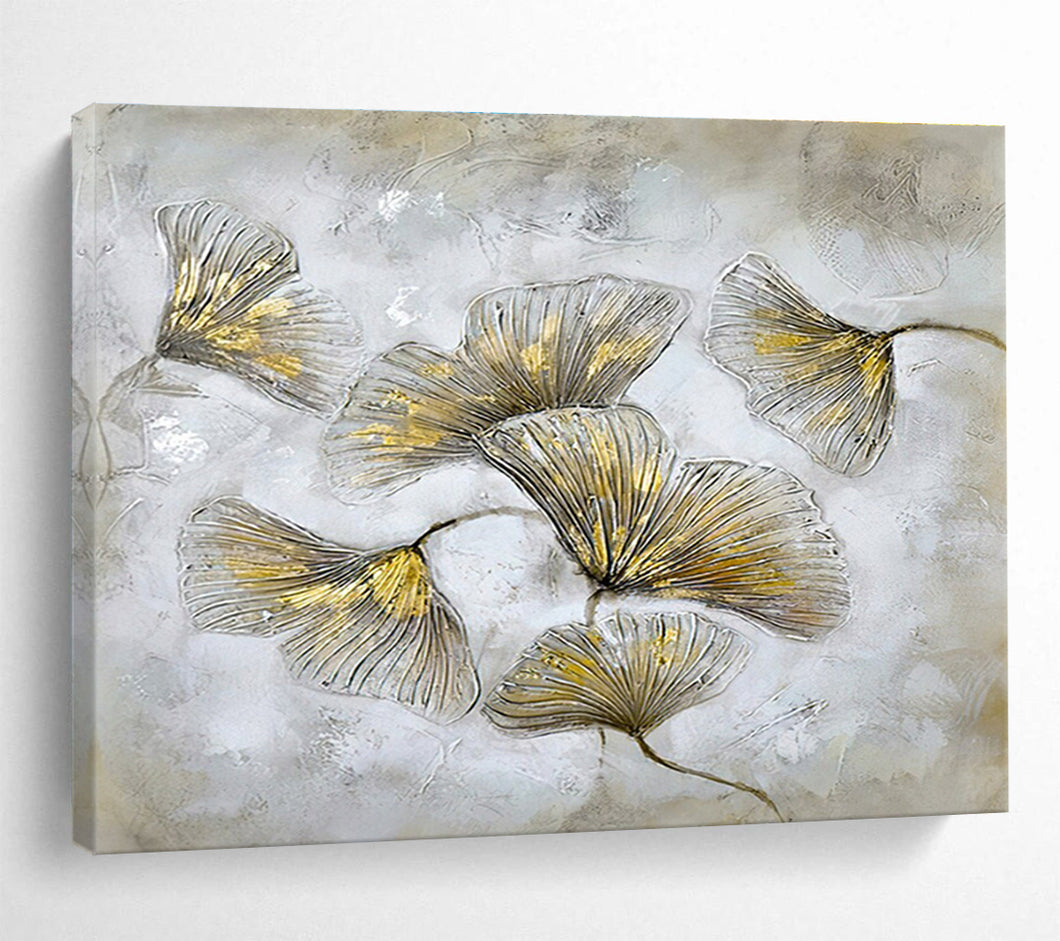 Gold and Silver Ginkgo Leaf Painting on Canvas - “Elegant Foliage” DKH790