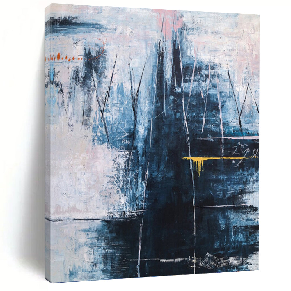 “Moody Blue Abstraction” - Blue, Grey, Pink, Yellow Abstract Art on Canvas DKH1111