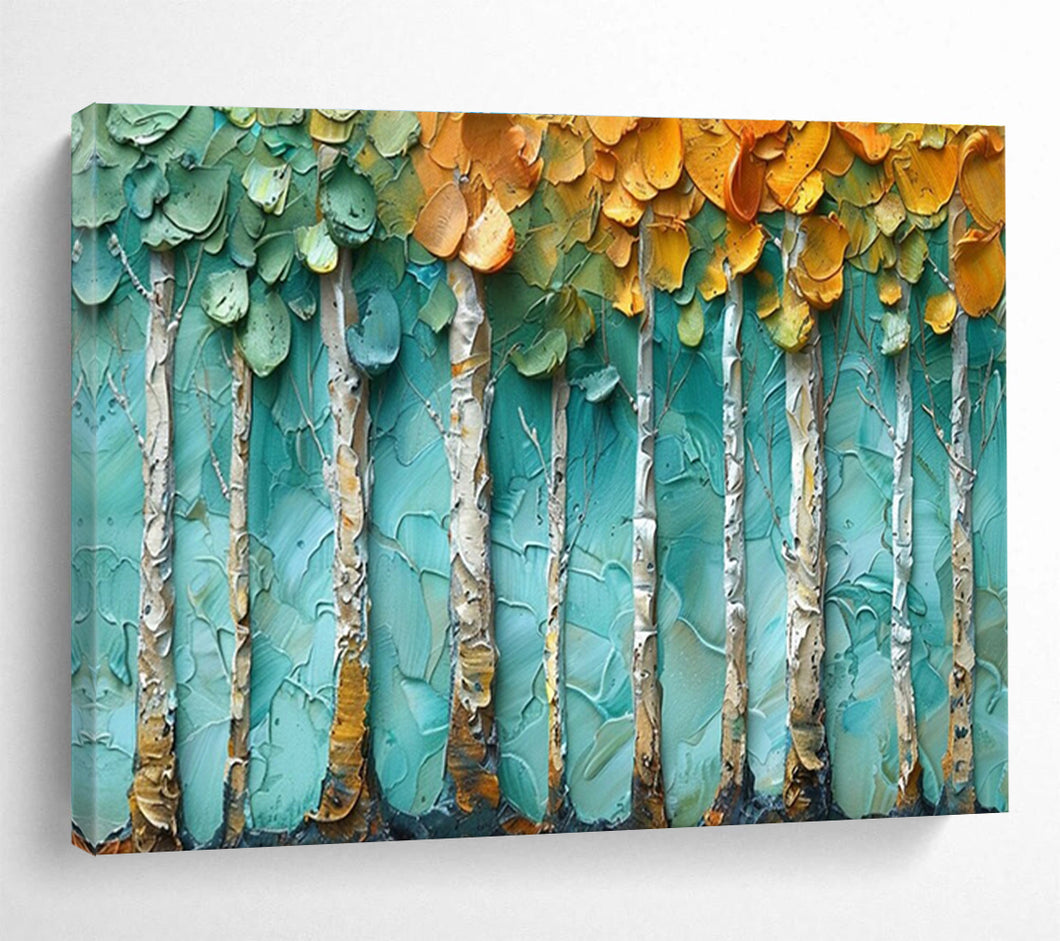Textured Birch “Teal Grove” Painting on Canvas, Impasto Forest Art DKH822