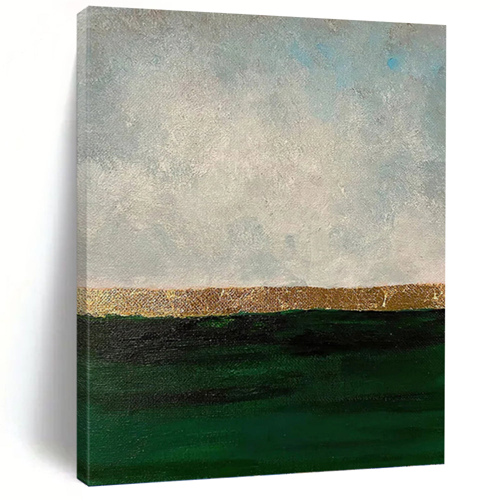 “Gold Horizon Over Green Sea” - Green, Gold, Grey Abstract Art on Canvas DKH1206