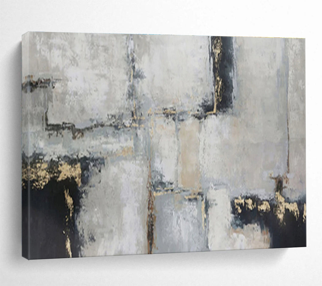 Gray - Toned Geometric Abstract Painting On Canvas with Gold Accents DKH351