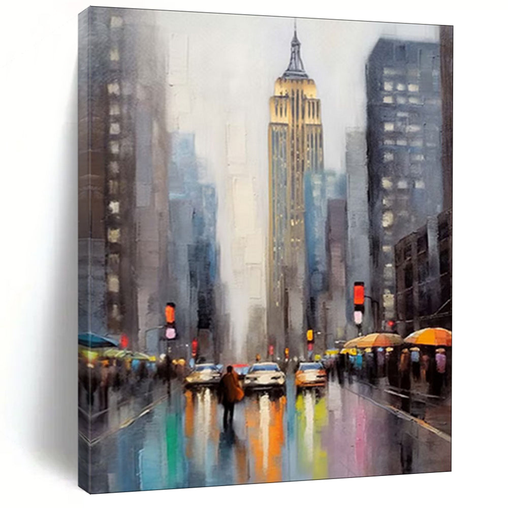 Moody Cityscape with Tall Building Abstract Painting, Ideal for Modern Office & Rainy Day Lounge LargeART1912