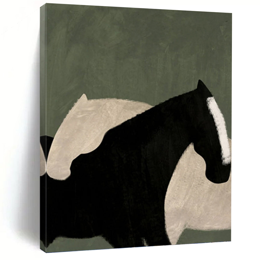 “Abstract Horse Embrace” - Black, White, and Green Animal Art on Canvas DKH1411