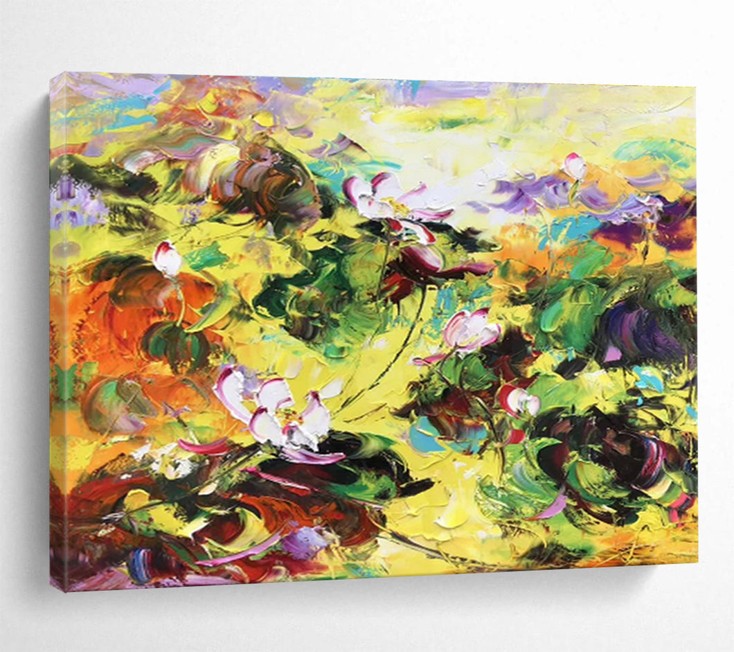 Vibrant Lotus Pond Abstract Painting on Canvas - “Colorful Blooms” DKH635