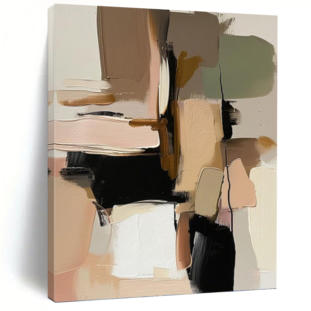 “Neutral Color Block Collage” - Beige, Black, Green, Pink Abstract Art on Canvas DKH1240