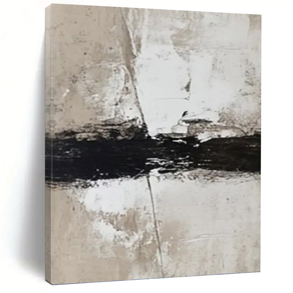 “Neutral Textures & Bold Black Stroke” Abstract Minimalist Painting on Canvas, Modern Wall Decor Essential DKH976