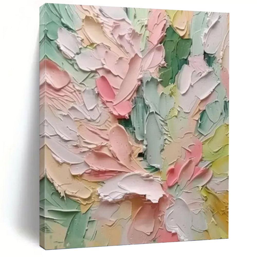 “Pastel Floral Impasto” - Soft Pink, Green, and Yellow Flower Art on Canvas DKH1397