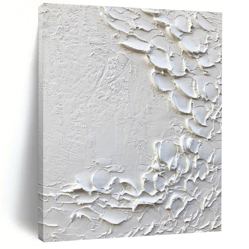 “White Impasto Blooms” – Thick, petal - like white impasto on a textured white background DTP373