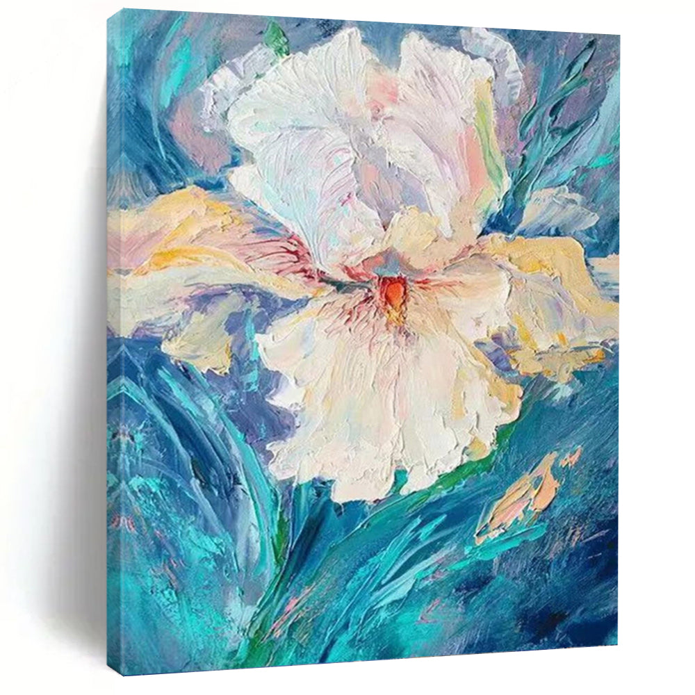“Textured White Flower” Abstract Impasto Floral Painting on Canvas, Bold Botanical Art DKH942