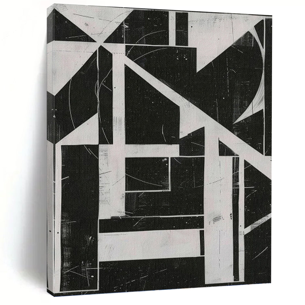 “Geometric Black - and - White Collage” - Black, White Abstract Geometric Art on Canvas DKH1151