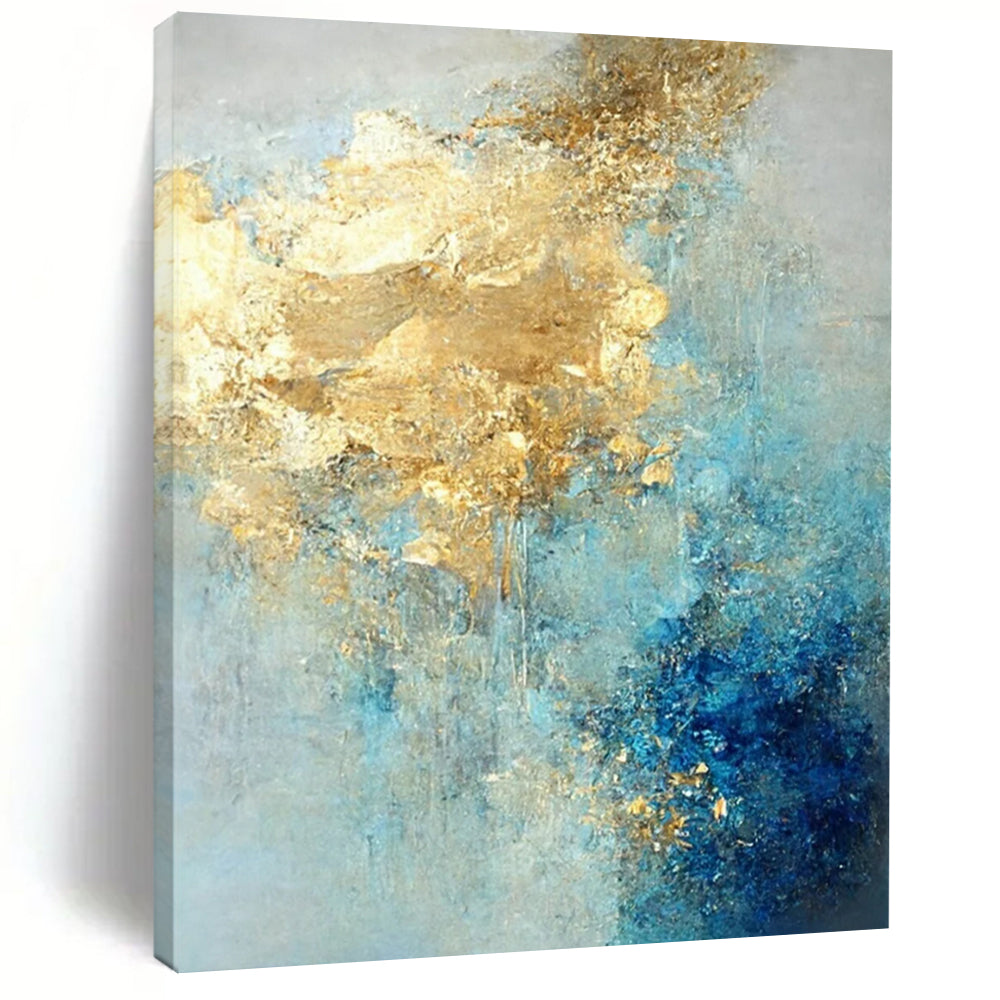 “Sky Gold Flurry” – Blue, Gray & Gold Abstract Acrylic with Textured Cloud - like Forms DTP071