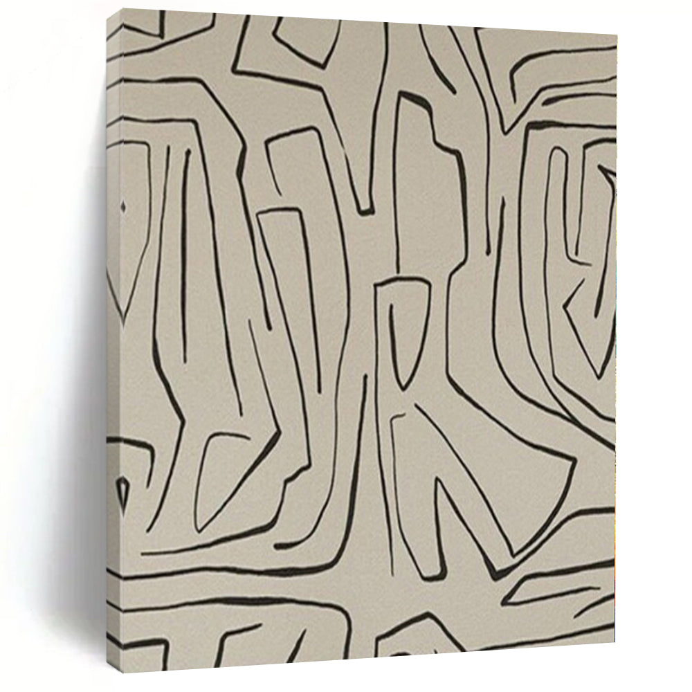 Black Line Abstract on Beige Abstract Canvas Painting, Perfect for Bohemian Living Room & Art Studio LargeART1139