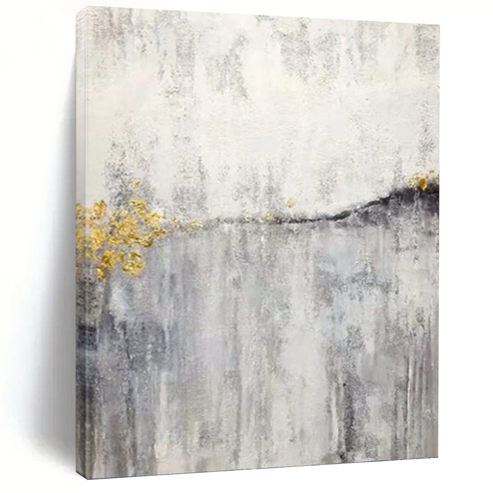 “Abstract Grey Landscape with Gold Blossoms” - Grey, Gold Abstract Art on Canvas DKH1173