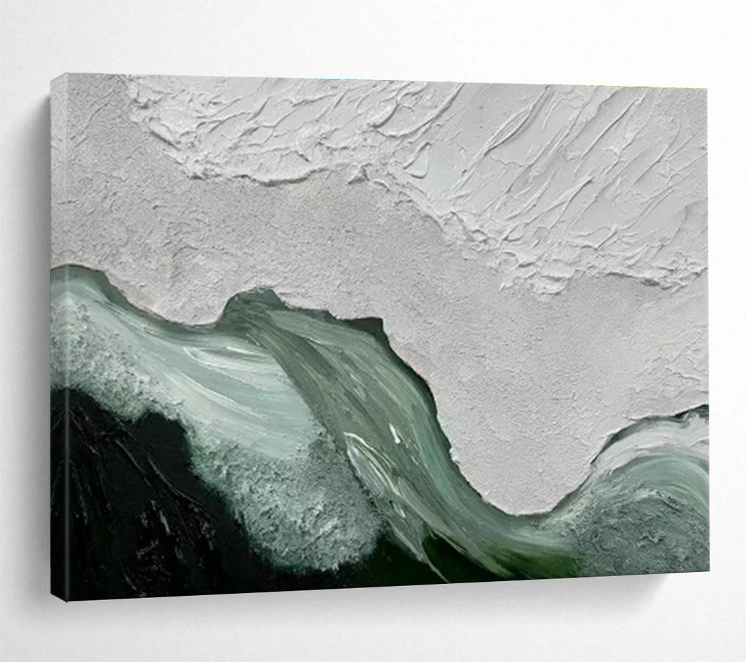Textured Abstract Painting on Canvas - “White and Green Waves” DKH744
