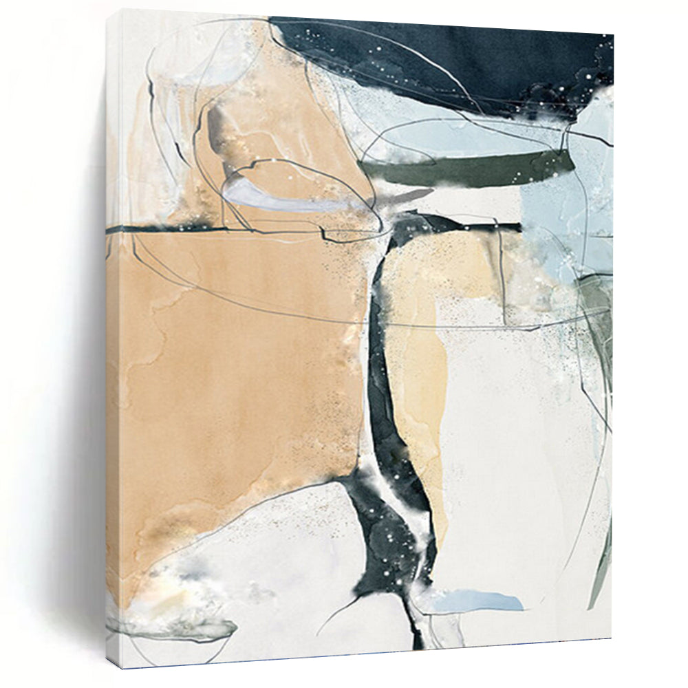 “Beige, Blue & Black Line Abstract” - Minimalist Abstract Art on Canvas DKH1523