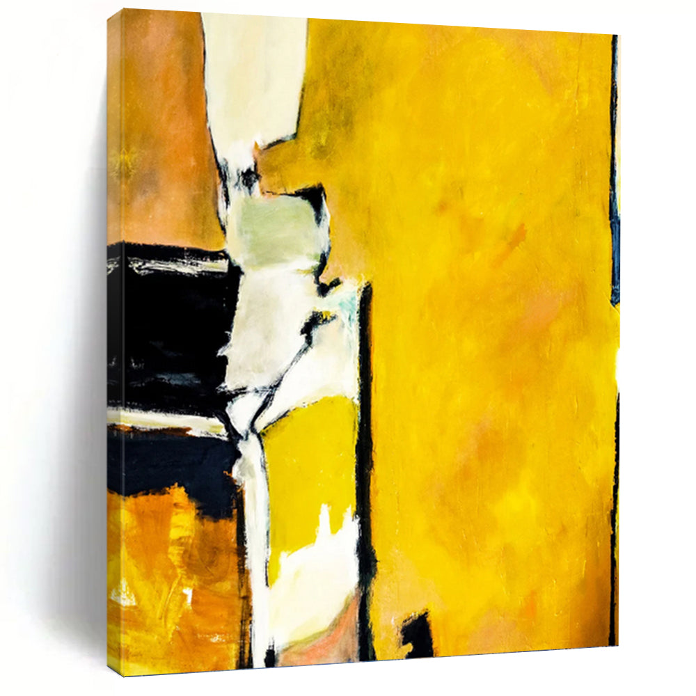 “Vibrant Yellow Energy” - Yellow, Black, White, Orange Abstract Art on Canvas DKH1101