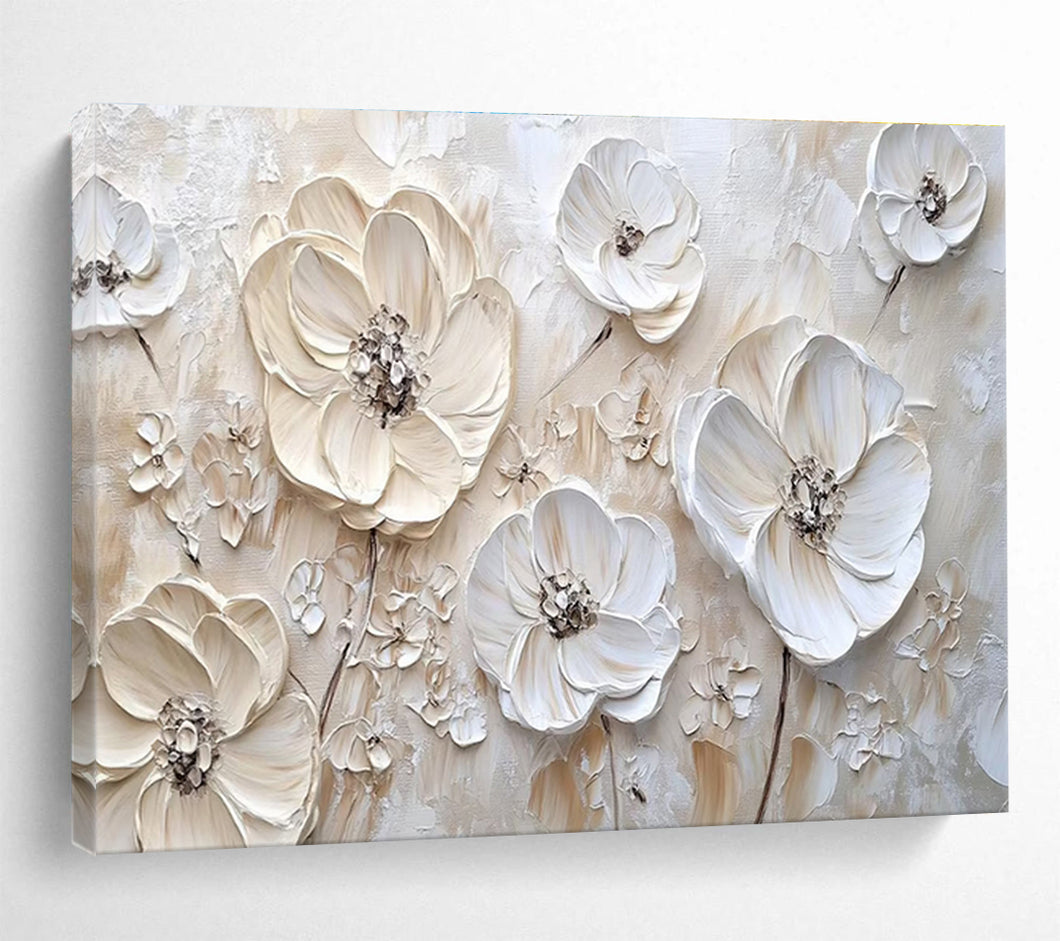 Textured White Flowers “Elegant Blooms” Painting on Canvas, Sophisticated Floral Art DKH906
