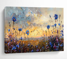 Load image into Gallery viewer, Blue Wildflower Meadow at Sunset Abstract Painting on Canvas - “Evening Blooms” DKH698
